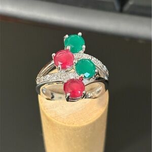 Elegant Silver Ring with Red and Green Stones